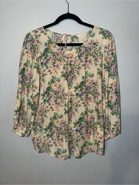 LC Lauren Conrad Cream Floral Peasant Blouse with Pink and Green